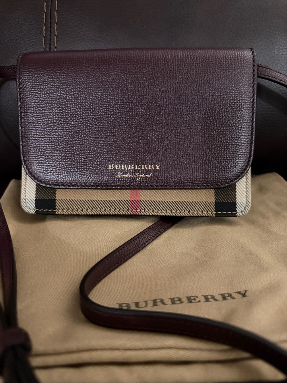 Burberry Burgundy Leather & Vintage Check Crossbody